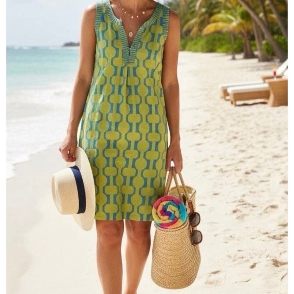 Gretchen Scott Geometric Ruffneck Shift Dress Green Blue Teal Size S Resort Wear